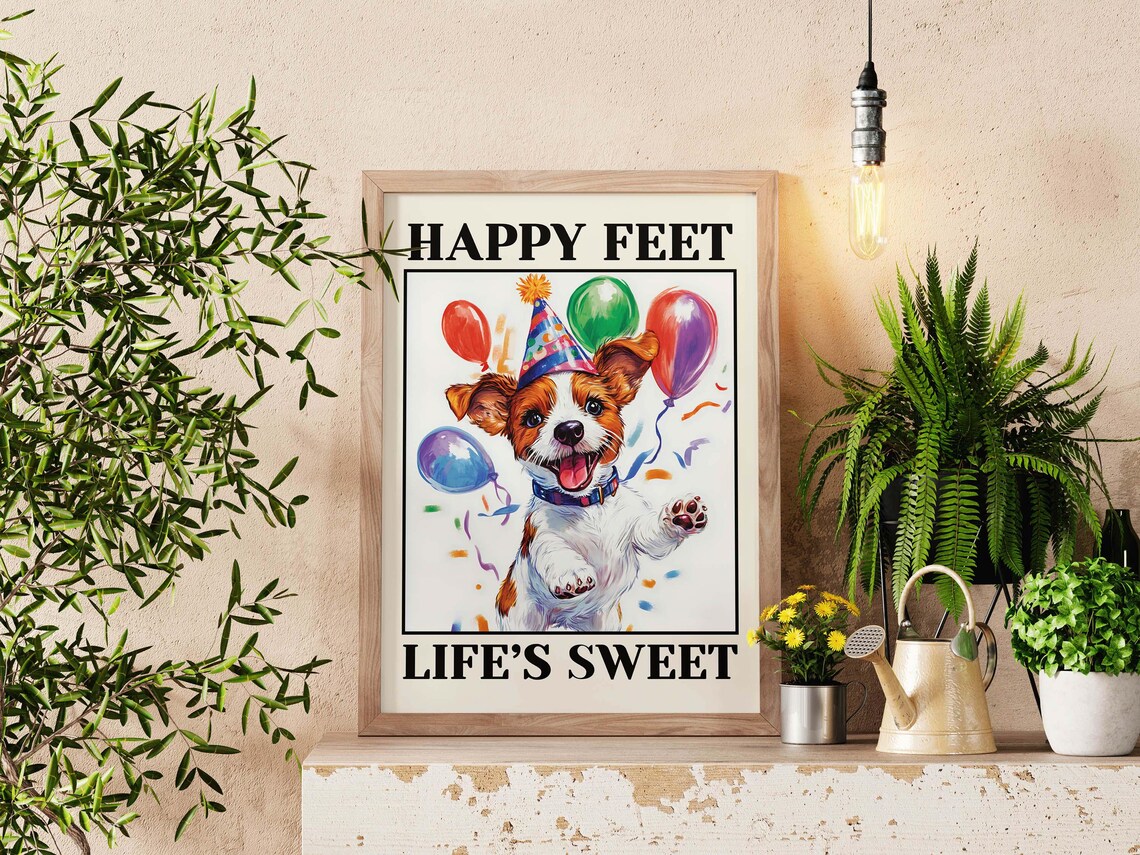 Happy Feet Lifes Sweet Puppy Party Hat Balloons Quote Poster