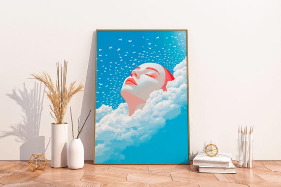 Surreal Dopamine Decor Poster Dreamy Sky Woman Wall Art Y2k Girl Power Print Bright Blue Coquette Empowering Feminine Home