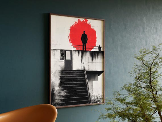 Brutalist Concrete Stairs Silhouette Red Sun Minimalist Art Poster