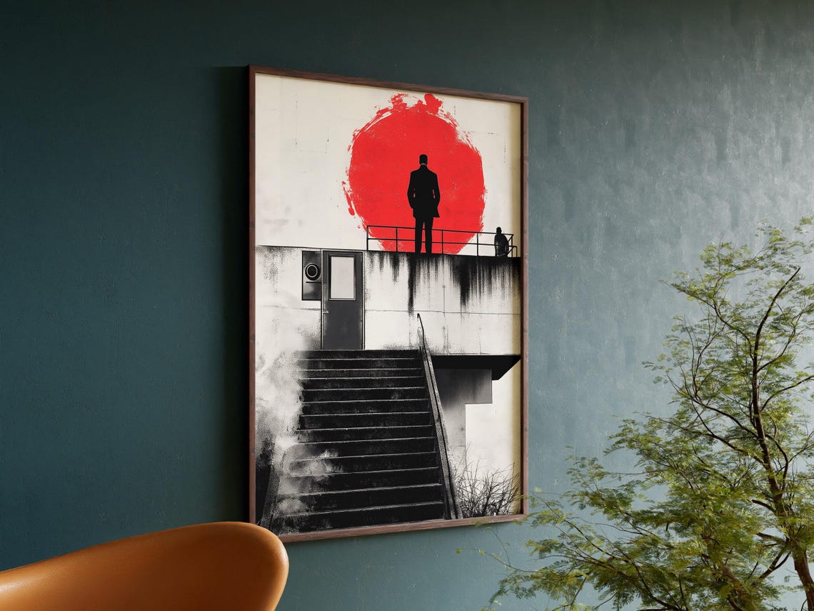 Brutalist Concrete Stairs Silhouette Red Sun Minimalist Art Poster