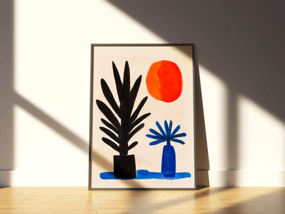 Mid Century Modern Botanical Wall Art Minimalist Plant Poster Mcm Print With Bold Abstract Shapes