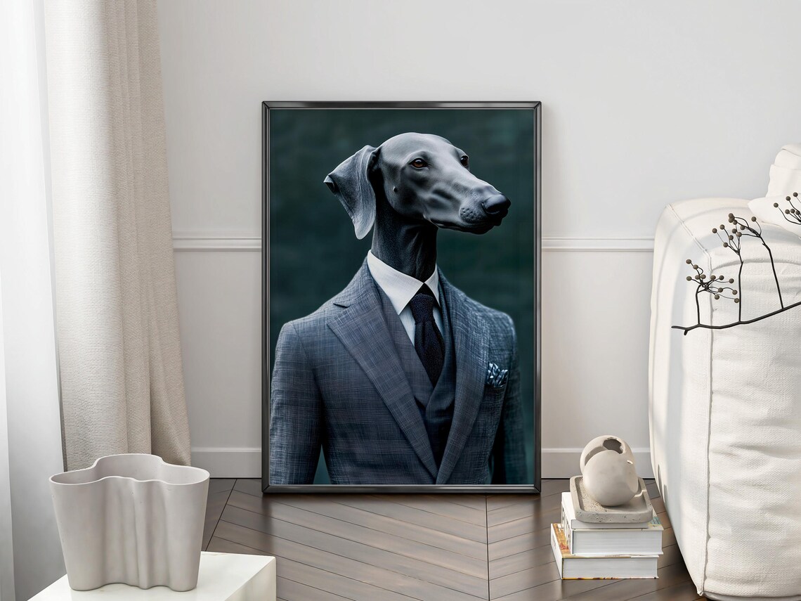 Dapper Greyhound Dog Grey Suit and Tie Funny Portrait Poster