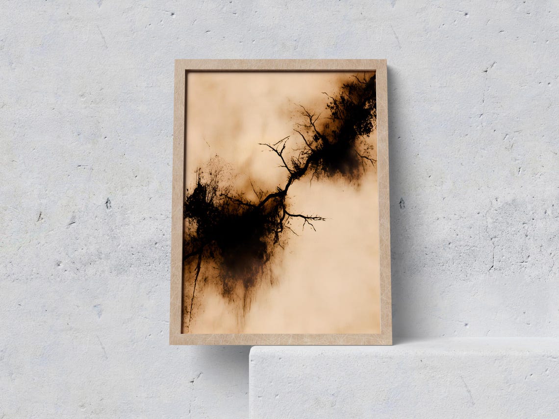 Abstract Sepia Ink Bare Branches Black Splatter Nature Poster