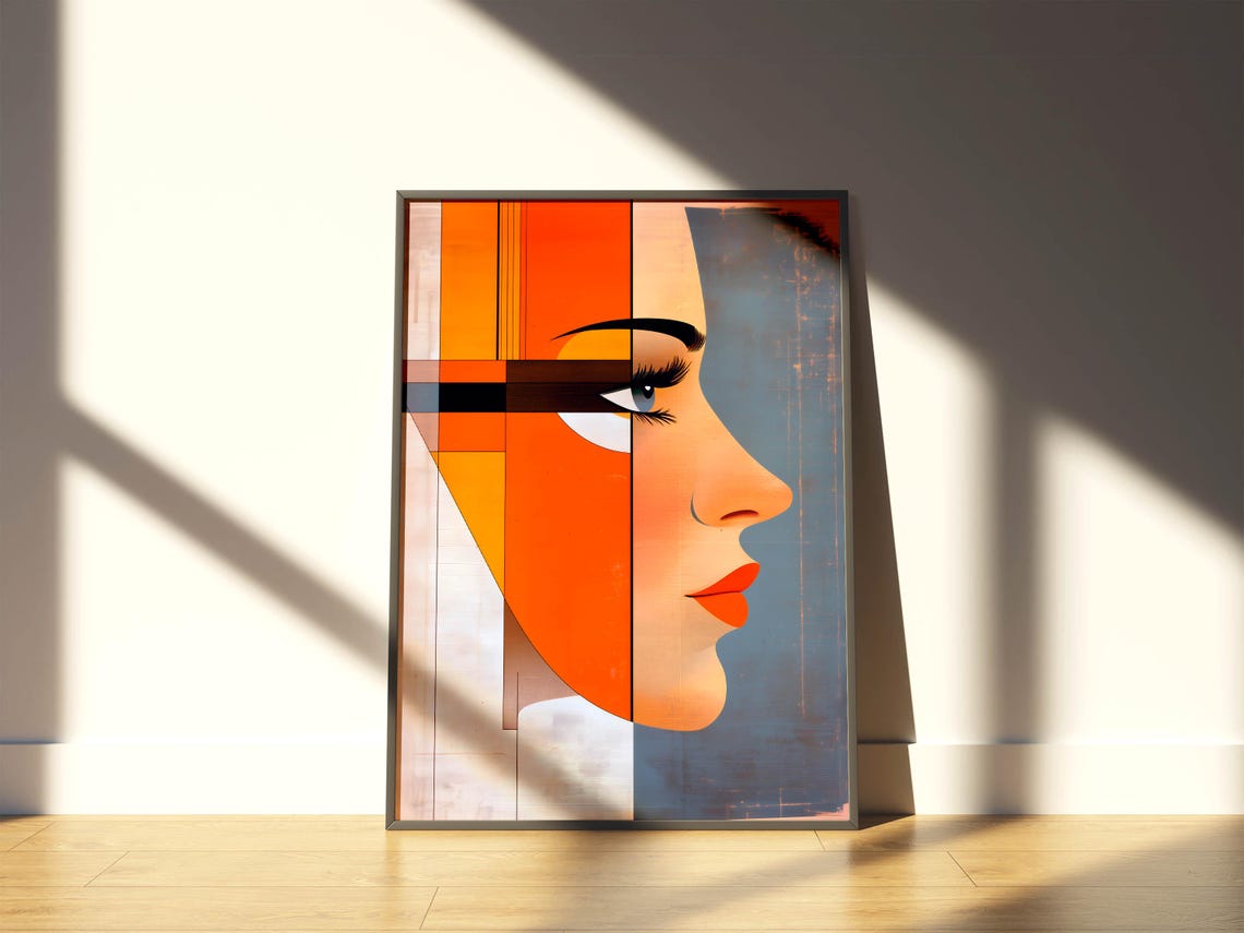 Geometric Mid Century Modern Female Portrait Orange Blue Poster