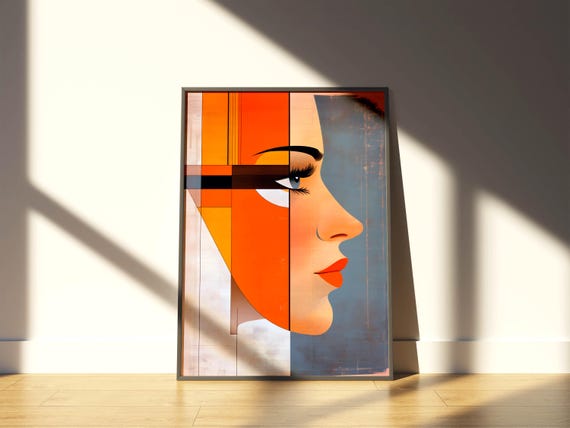Geometric Mid Century Modern Wall Art Retro Female Portrait Print Maximalist Face Poster For Bold Interiors Mcm