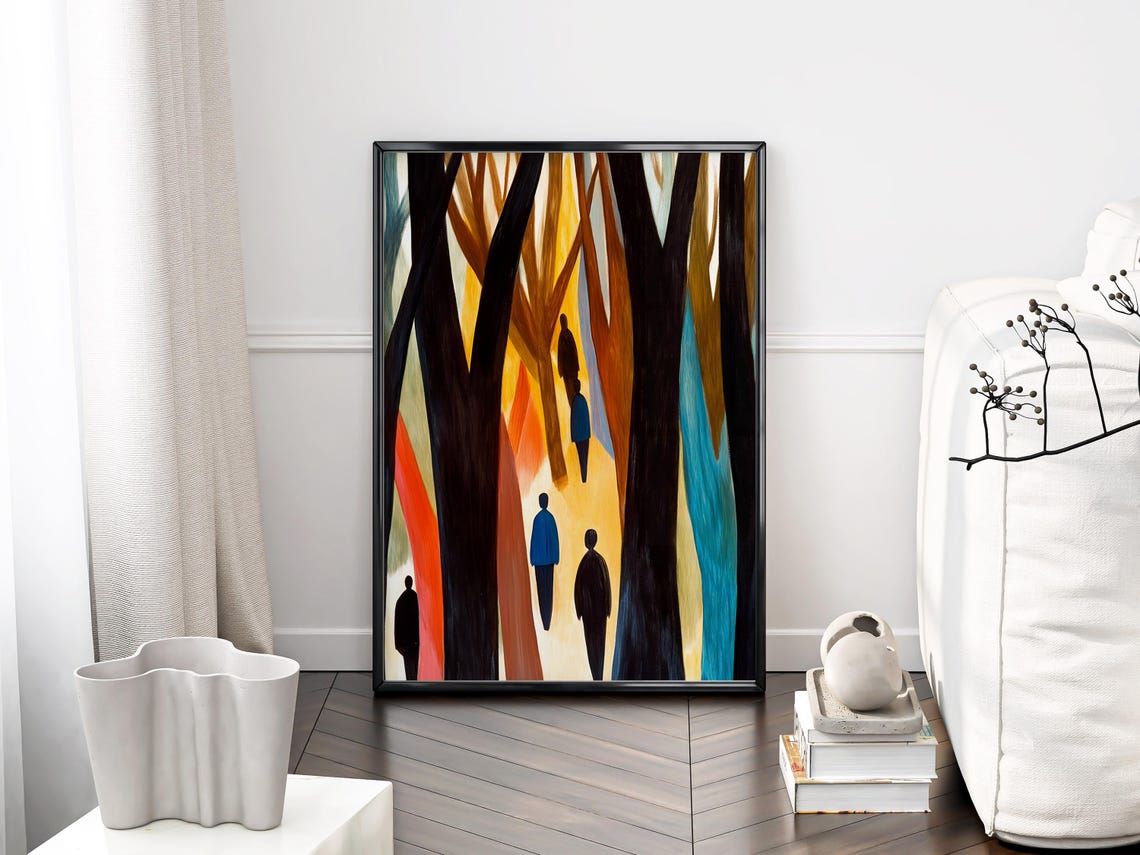 Silhouette Figures Among Colorful Vertical Forest Trees Poster