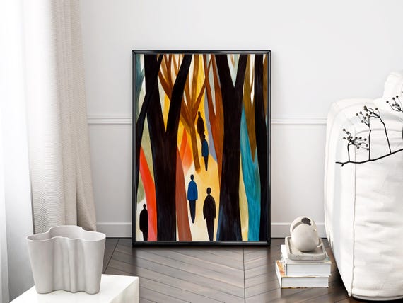 Modern Maximalist Wall Art Print Abstract Figurative Forest Poster Silhouettes In Nature Painting For Eclectic Decor