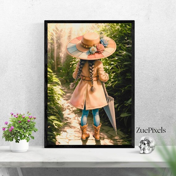 Girl In Floral Hat Walking A Sunlit Garden Path Feminine Nursery Print