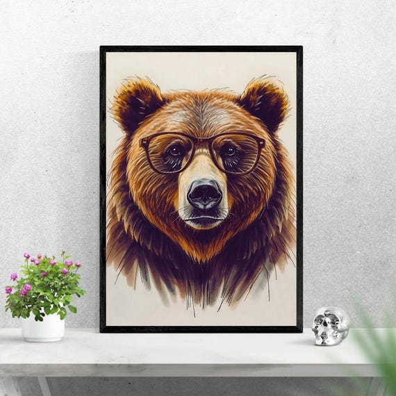 Glasses Bear Illustration Modern Wall Art High Res 300 Dpi