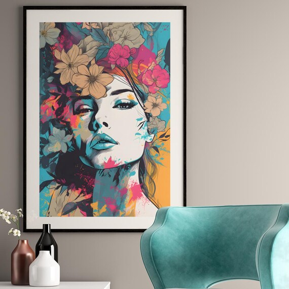 Colorful Abstract Female Face Art Floral Portrait Modern Boho Decor Poster