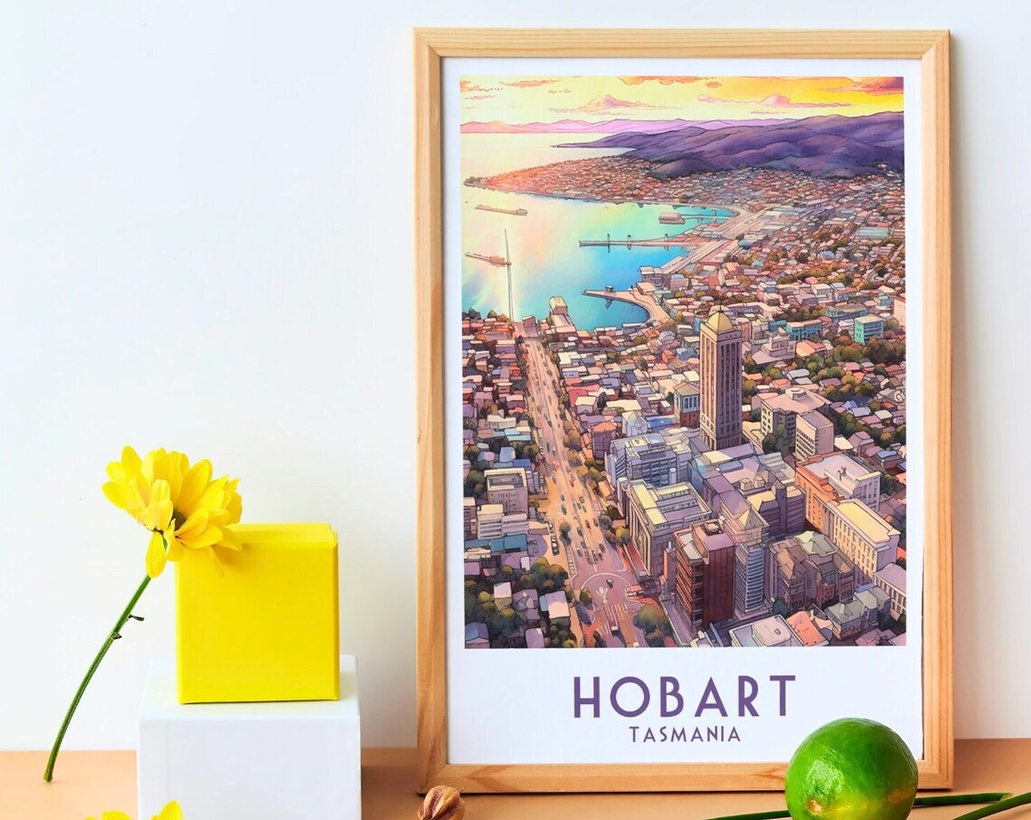 Hobart Tasmania Harbor Aerial Sunset Cityscape Travel Poster - Image 3