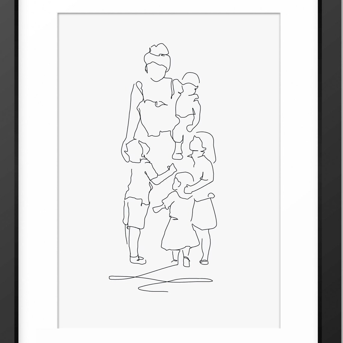 Mother Embracing Her Four Children Together in Line Art Poster