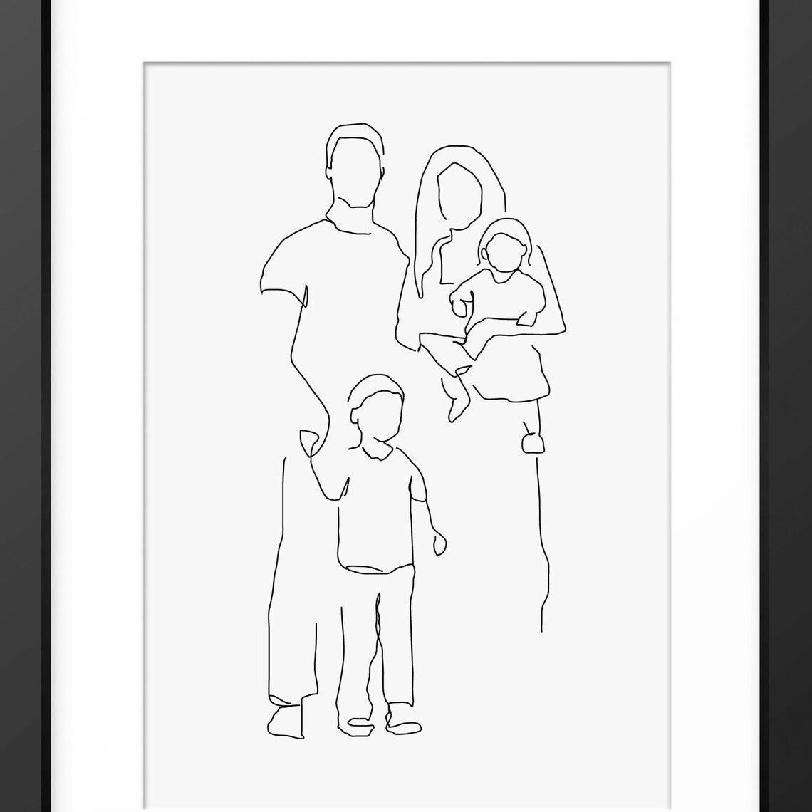 Family of Four Posed Together Modern Line Drawing Portrait Poster