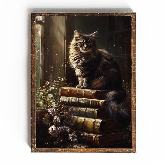 Fluffy Long Haired Tabby Cat On Old Books Dark Academia Poster