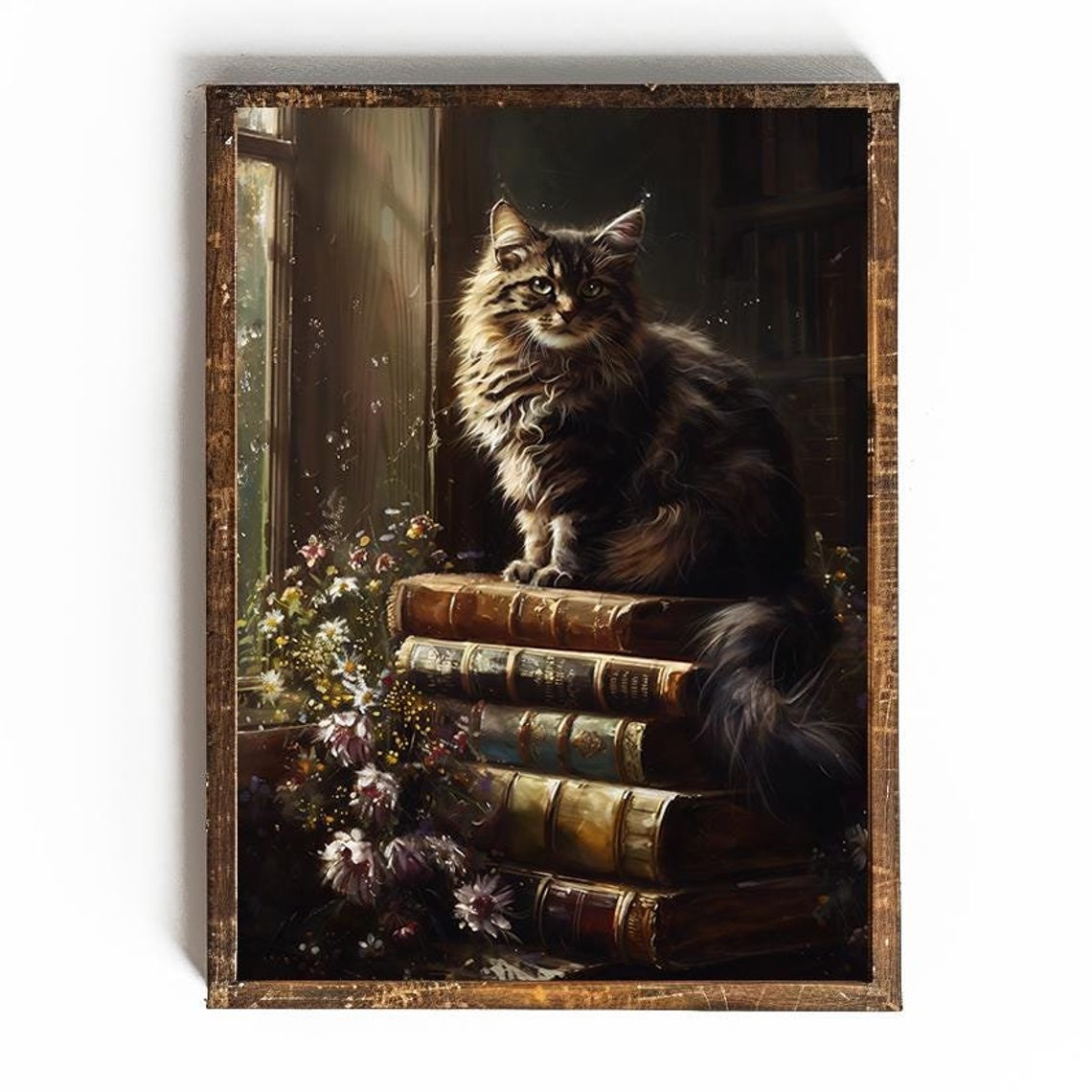 Fluffy Long Haired Tabby Cat On Old Books Dark Academia Poster