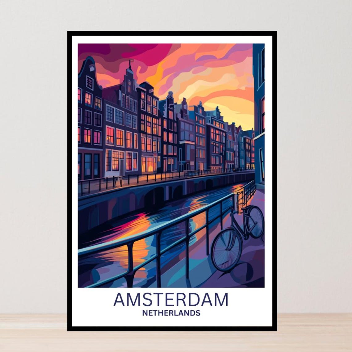 Amsterdam Netherlands Evening Canal Glow Bicycle Bridge Poster