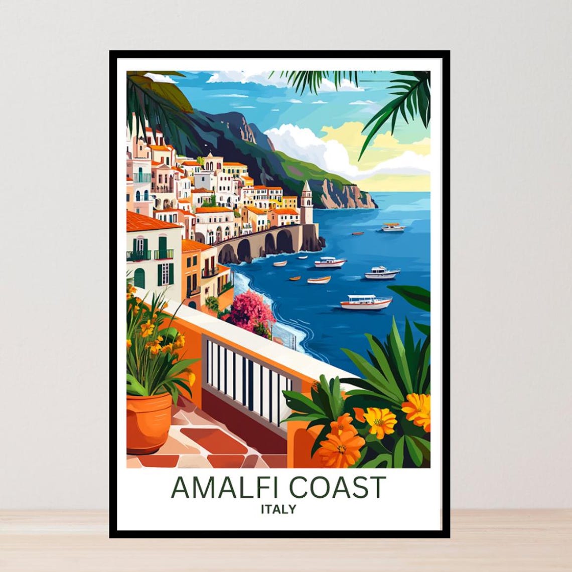 Amalfi Coast Italy Cliffside Village Boats Terrace View Poster