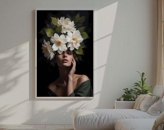 Flowerhead Woman Portrait Canvas Print Surreal Floral Face Wall Art Modern Boho Botanical Decor For Bedroom Or Livingroom Gift Her