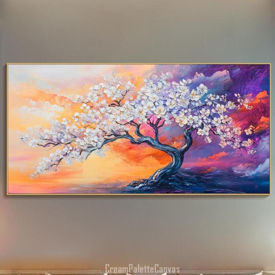 White Blossom Tree Vivid Sunset Textured Oil Painting Wall Art