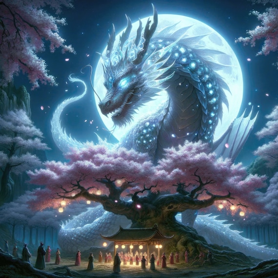 Moon Dragon Fantasy Art, Wall Art Print