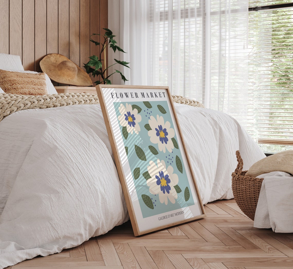 Flower Market Mint Daisy Blue Yellow Bloom Botanical Art Poster - Image 2