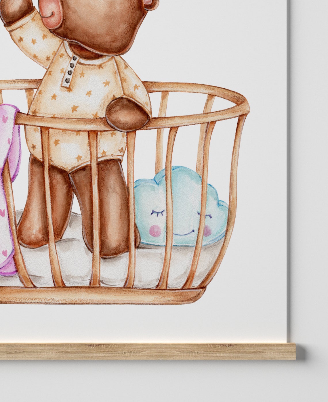 Watercolor Teddy Bear In Cradle Star Mobile Nursery Baby Wall Art - Image 2