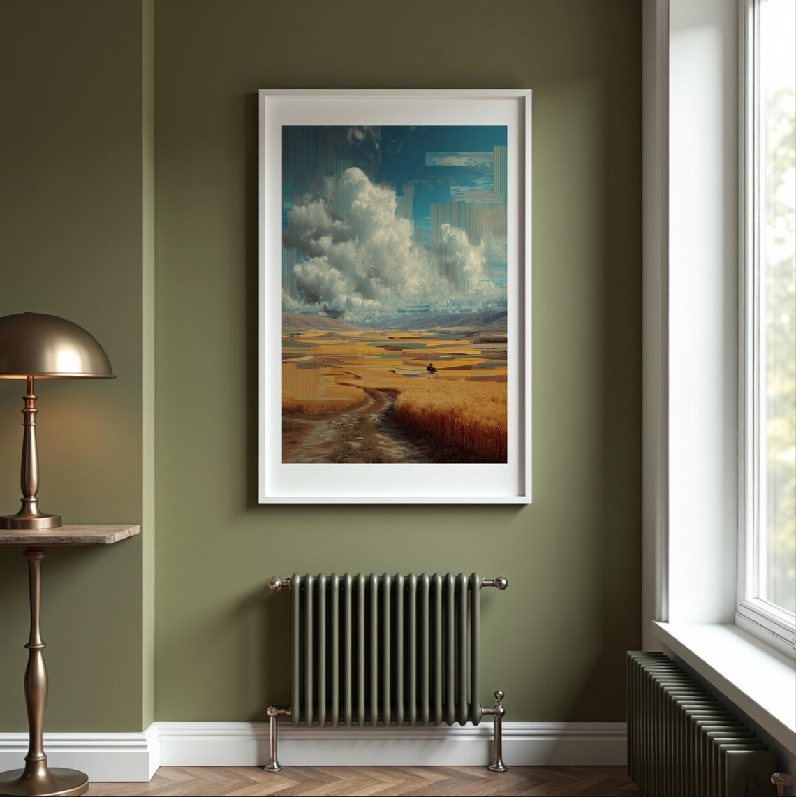 Golden Wheat Field Big White Clouds Country Road Landscape Poster