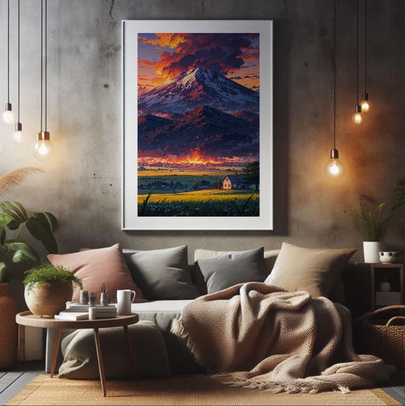 Anime Volcano Landscape Print Fiery Sunset Nature Art