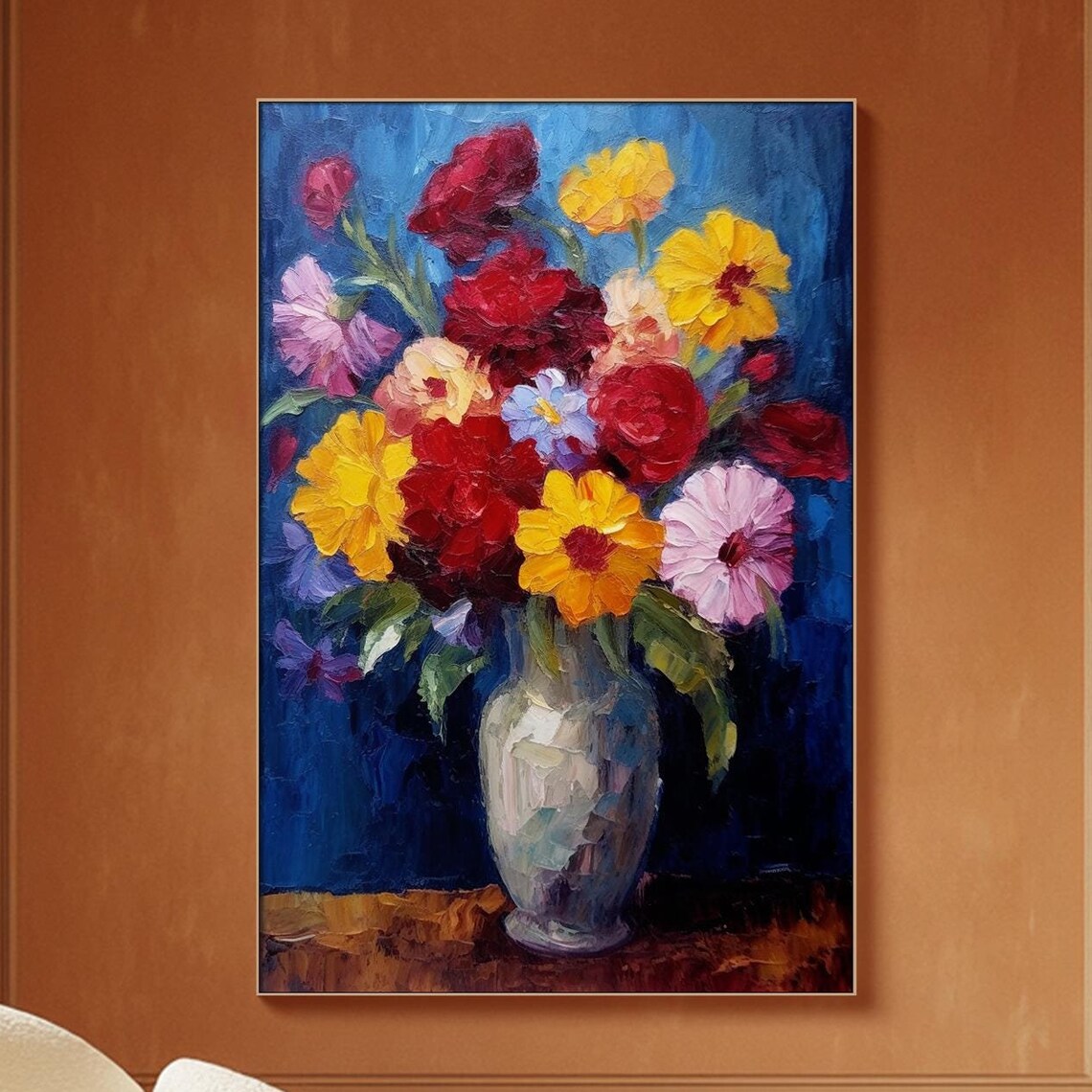 Bold Colorful Floral Bouquet In Vase On Deep Blue Background Print