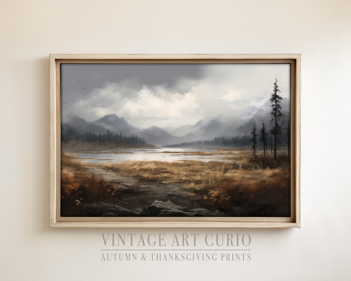 Misty Autumn Mountain Lake Foggy Landscape Moody Fall Painting Poster