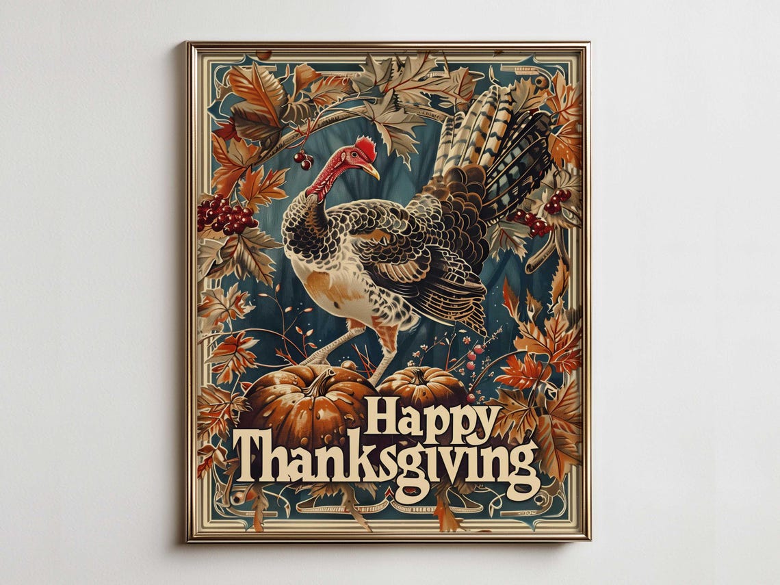 Happy Thanksgiving Turkey with Pumpkins Vintage Style Poster