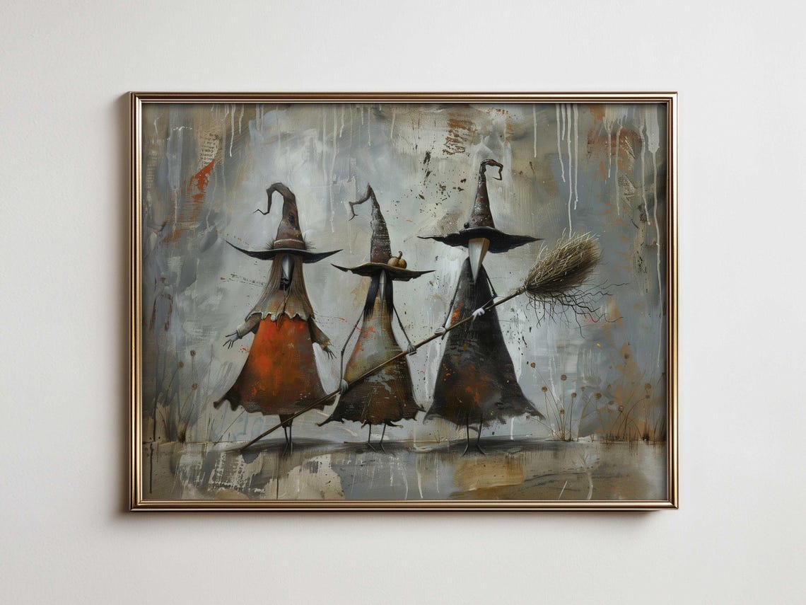 Three Spooky Witches with Brooms Rustic Halloween Art Poster