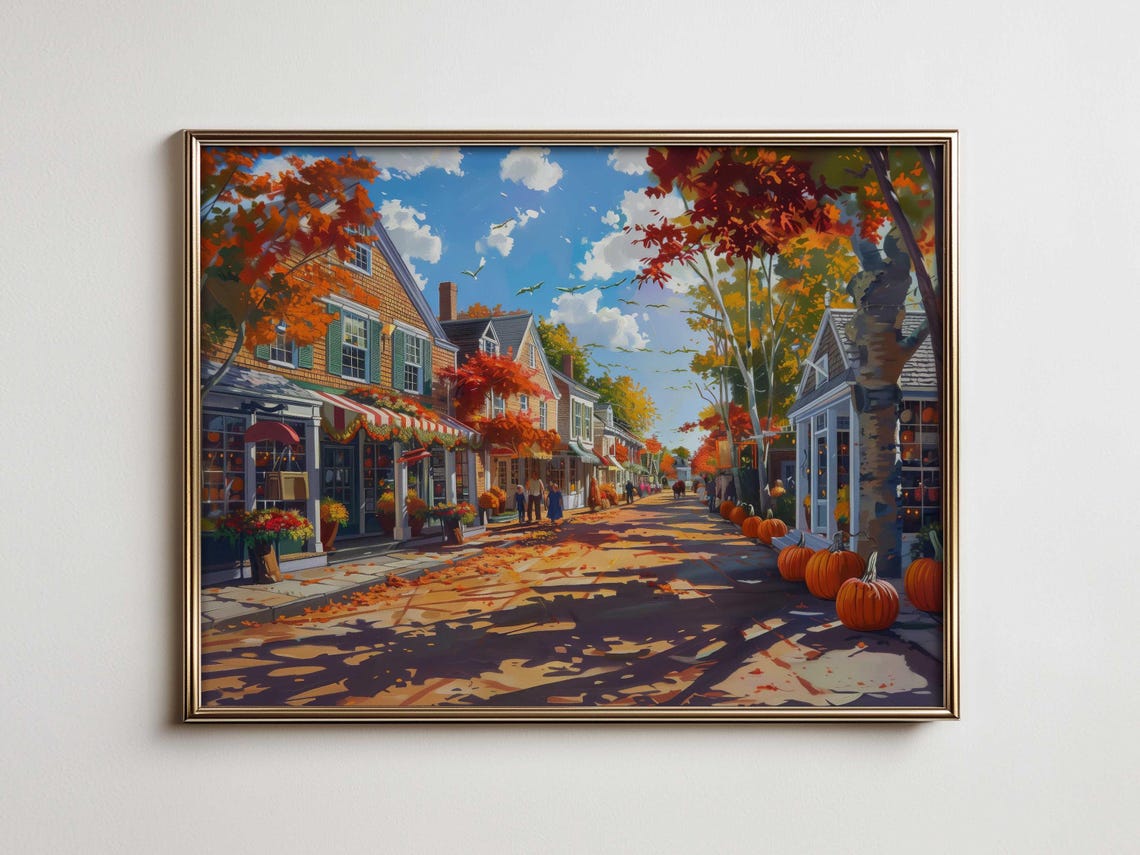 Autumn Shopping Street Pumpkins Storefronts Fall Village Poster