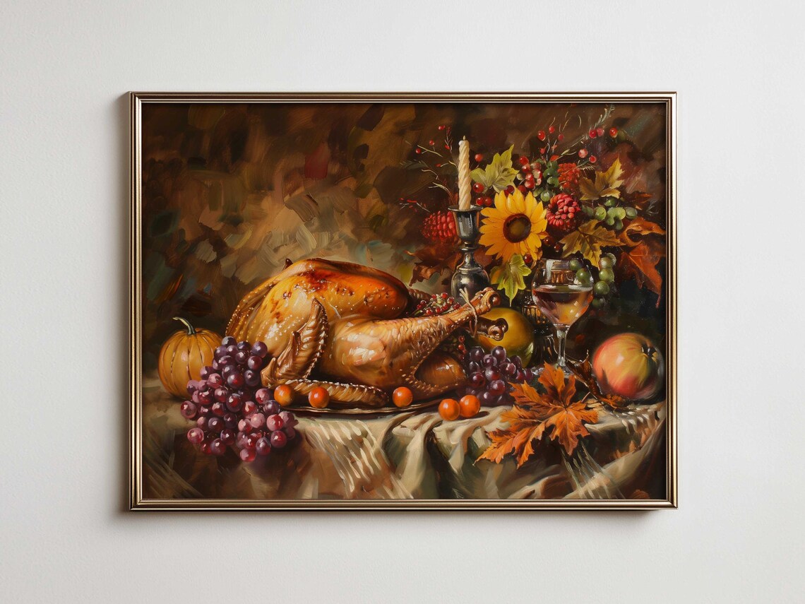 Roast Turkey Grapes Pumpkin Autumn Harvest Still Life Poster
