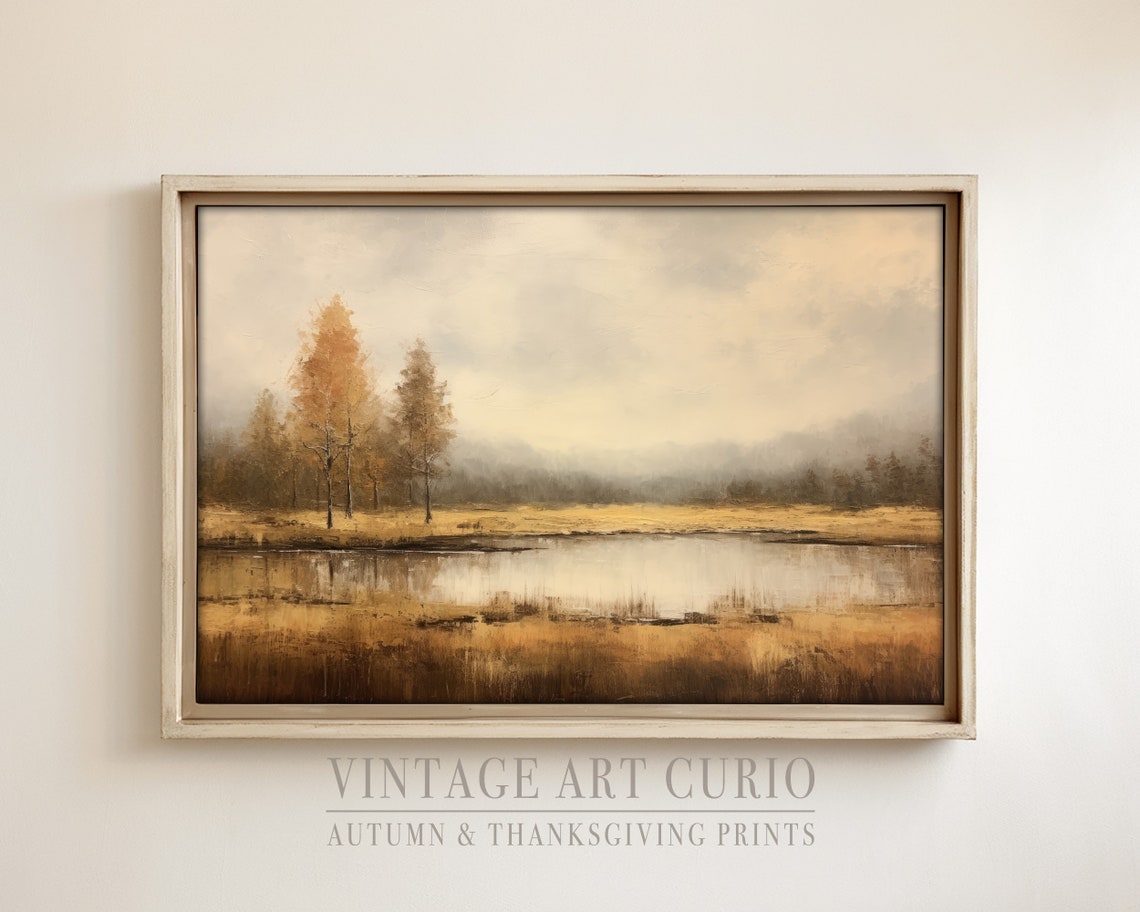 Golden Autumn Landscape Painting Trees Beside Calm Lake Art Print