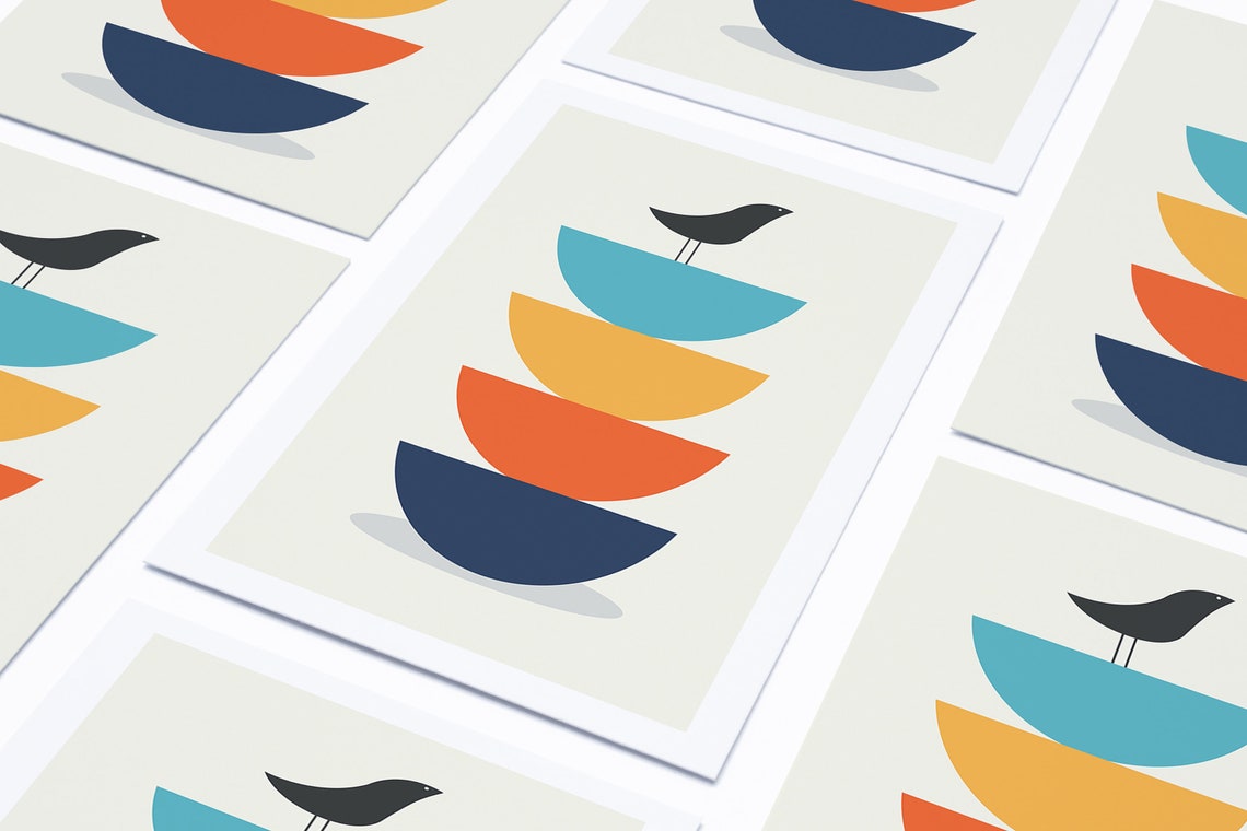 Blackbird Perched on Colorful Stacked Bowls Mid Century Bird Poster - Image 2