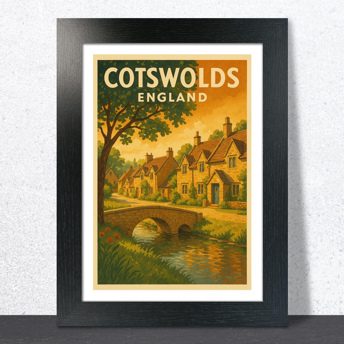 Cotswolds England Vintage Stone Cottages at Sunset Travel Poster