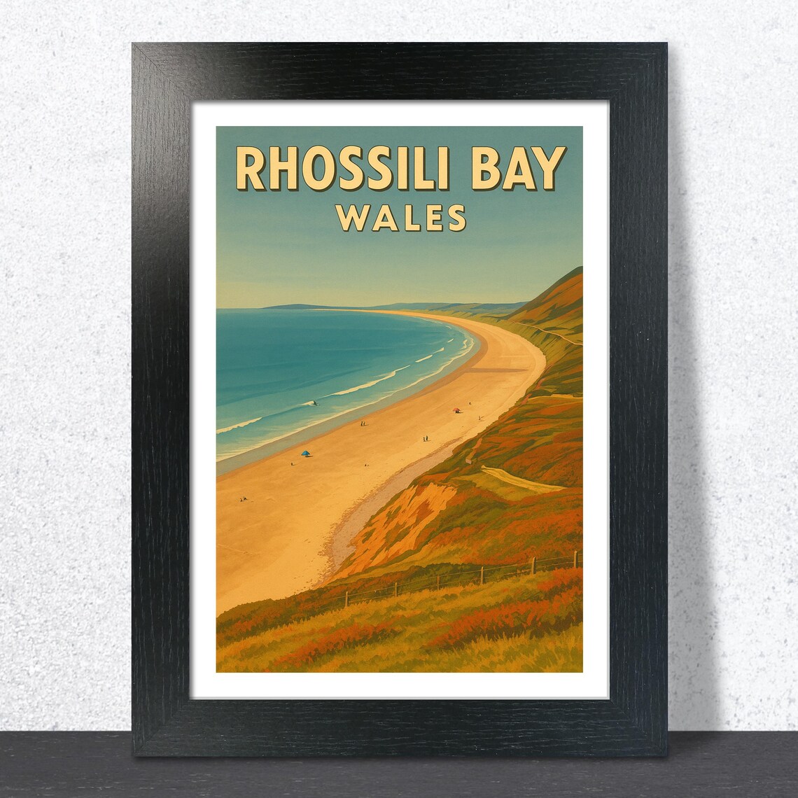 Rhossili Bay Wales Vintage Travel Poster Golden Beach Cliffs