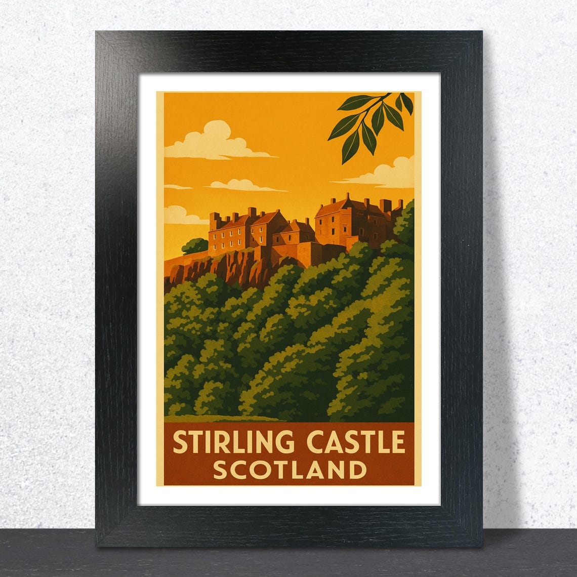 Stirling Castle Scotland Vintage Travel Poster Golden Sunset Hillside