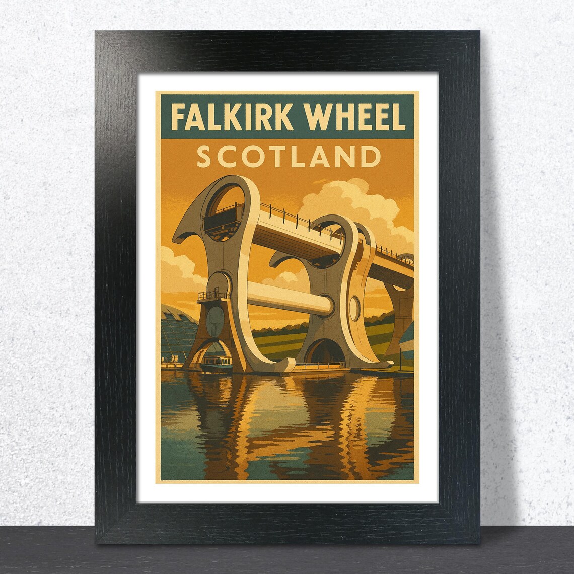 Falkirk Wheel Scotland Sunset Reflections Vintage Travel Poster
