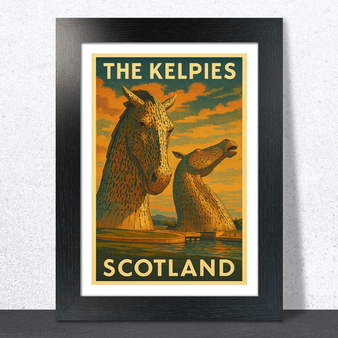 The Kelpies Giant Horse Sculptures Scotland Sunset Travel Poster