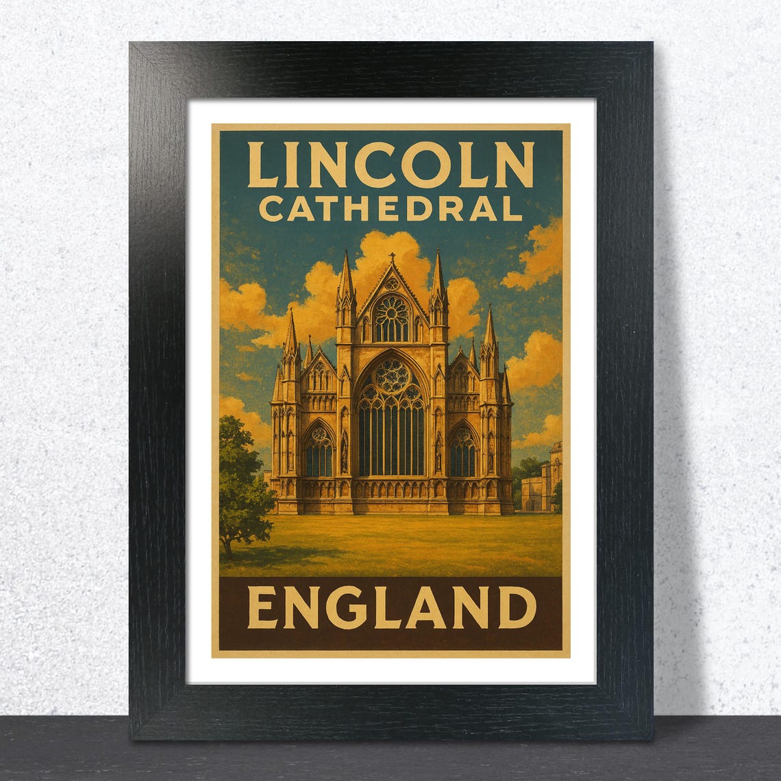 Lincoln Cathedral England Gothic Facade Golden Vintage Travel Poster