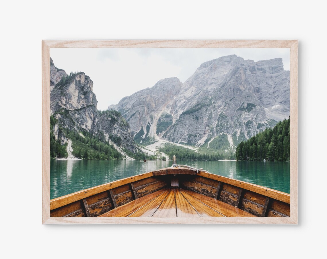 Wooden Boat On Turquoise Alpine Lake Mountain Landscape Poster