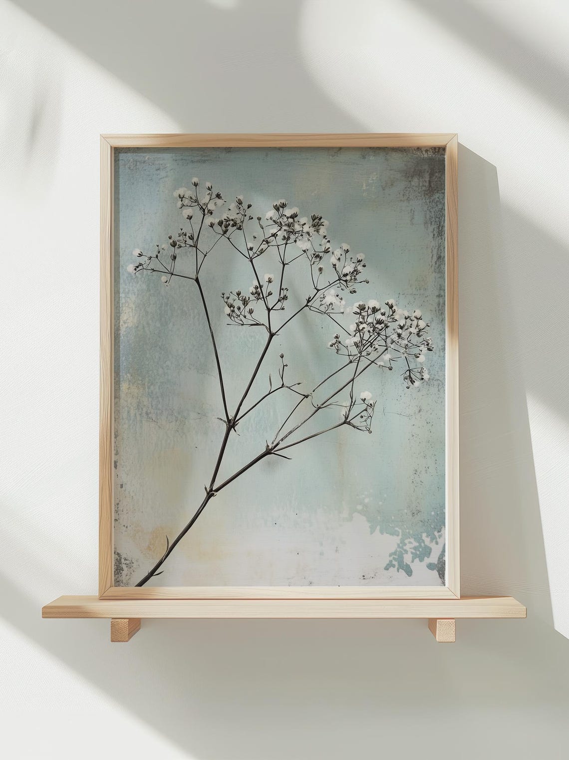 White Babys Breath Sprig Distressed Blue Minimalist Art Poster