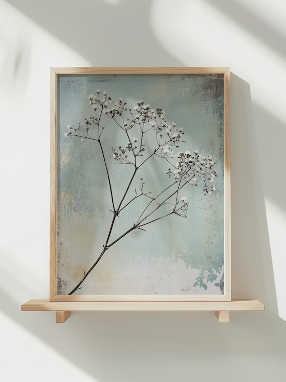 White Babys Breath Sprig Distressed Blue Minimalist Art Poster