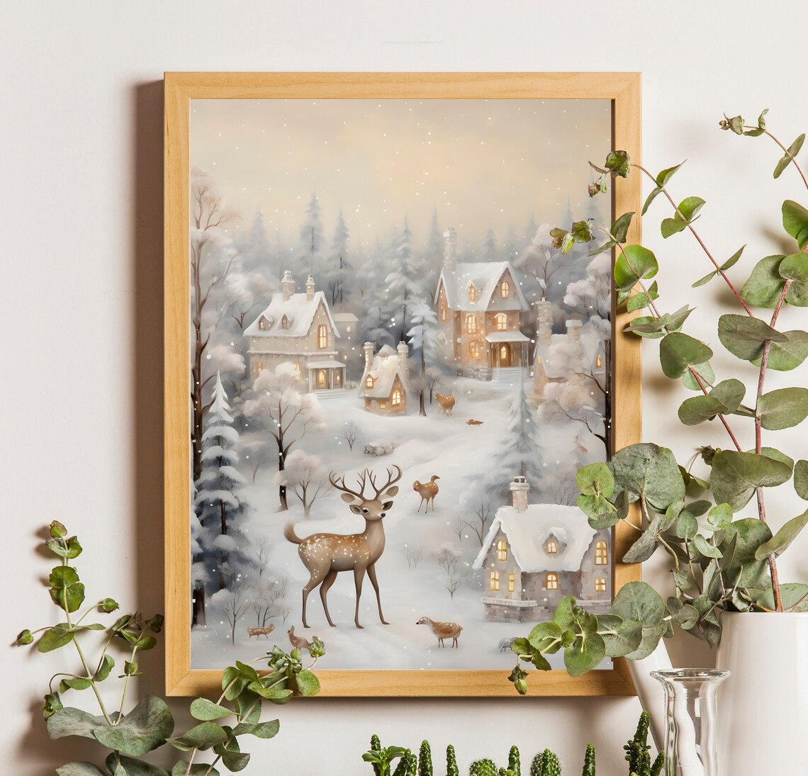 Deer and Fawns in Snowy Village at Dusk with Glowing Cottages Poster