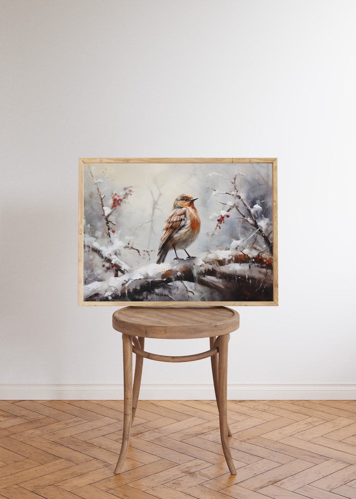 Winter Bird on a Snowy Branch with Red Berries Rustic Wall Art - Image 5