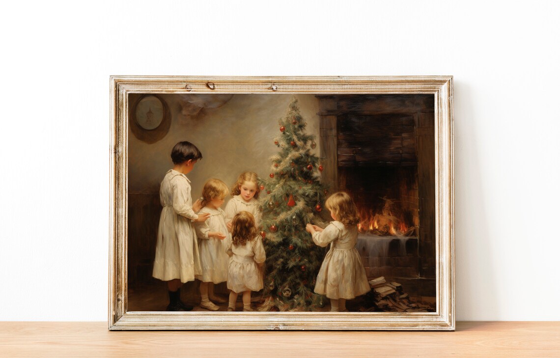Children Around The Christmas Tree Vintage Christmas Print Christmas Wall Art Christmas Kids Room Wall Art Christmas Kids Room Decor - Image 2