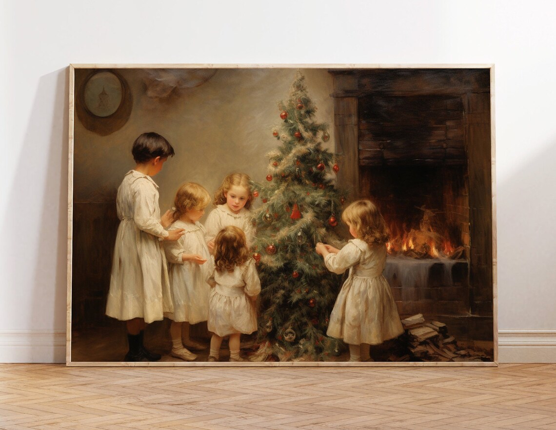 Children Around The Christmas Tree Vintage Christmas Print Christmas Wall Art Christmas Kids Room Wall Art Christmas Kids Room Decor