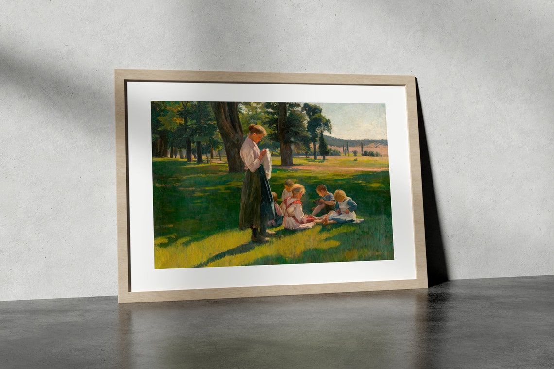 Vintage Country Painting With Children Farmhouse Wall Art Vintage Meadow Painting Cottage Landscape Nursery Decor Art - Image 4